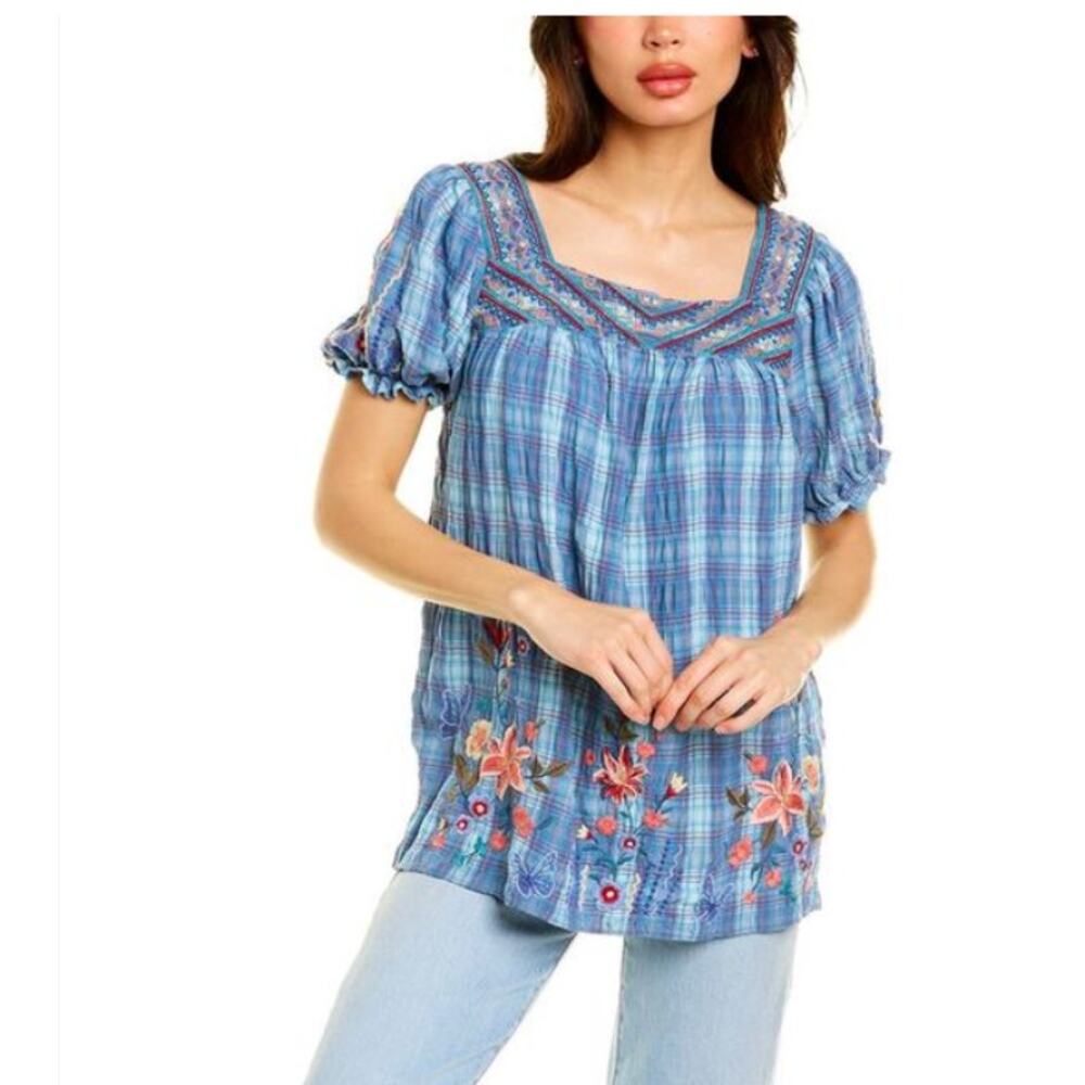 Johnny Was Blue Checkered Blouse with Vibrant Embroidery